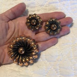 Unbranded Copper Flower Clip Earring and Brooch Set